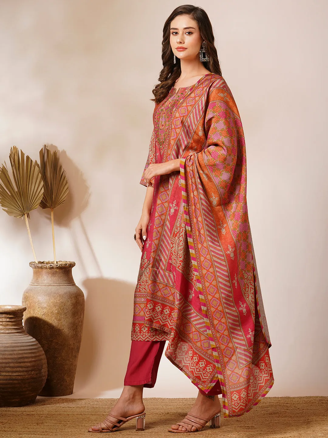 Ethnic Floral Printed Straight Fit Kurta with Pant and Printed Dupatta - Pink