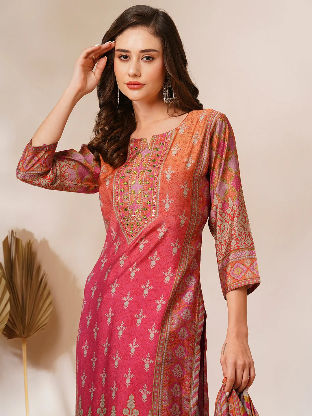 Ethnic Floral Printed Straight Fit Kurta with Pant and Printed Dupatta - Pink