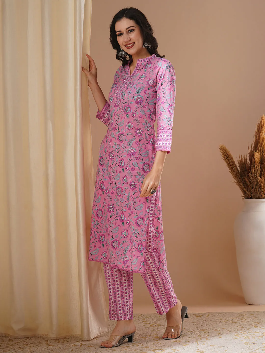 Ethnic Floral Printed Straight Fit Kurta with Pant - Pink