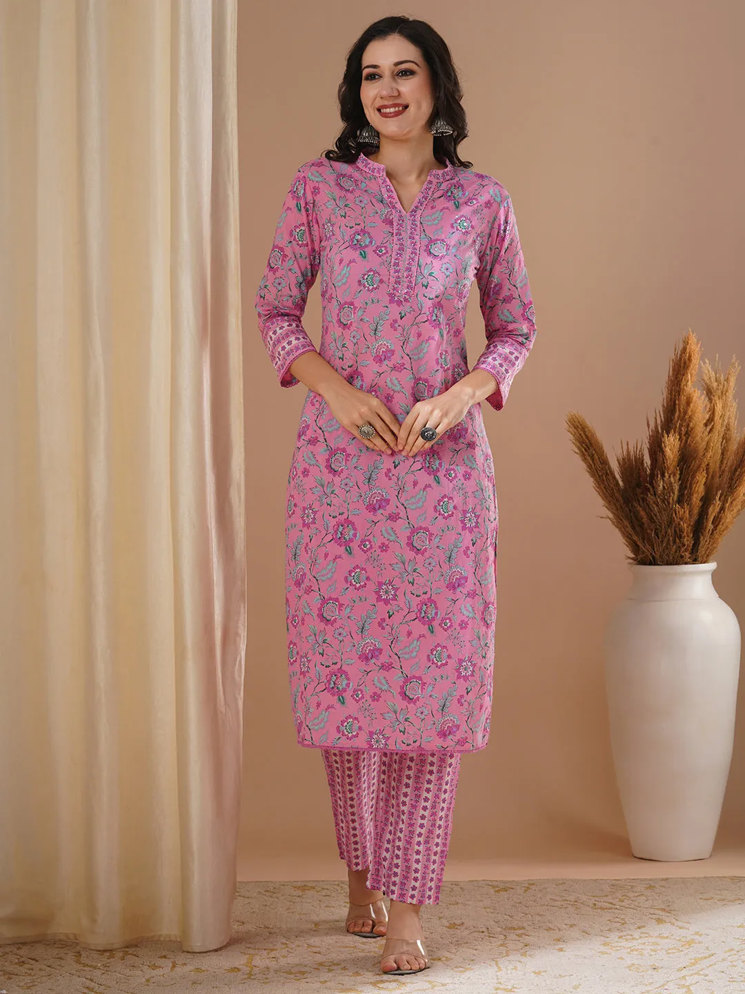 Ethnic Floral Printed Straight Fit Kurta with Pant - Pink