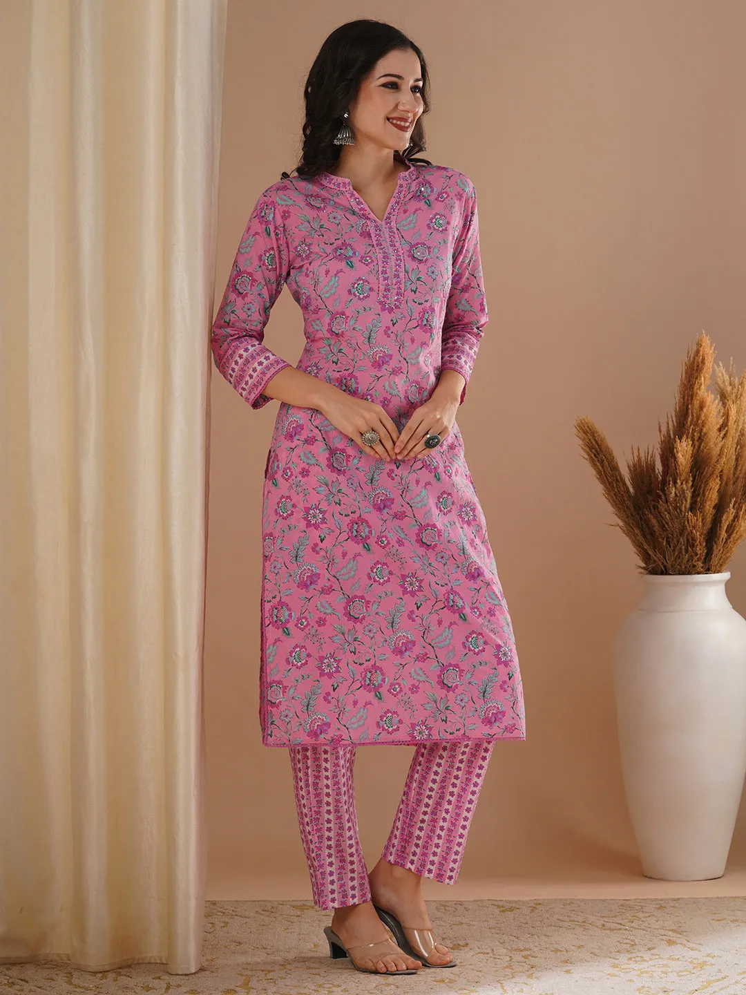 Ethnic Floral Printed Straight Fit Kurta with Pant - Pink