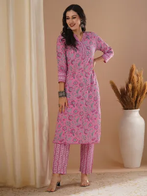 Ethnic Floral Printed Straight Fit Kurta with Pant - Pink