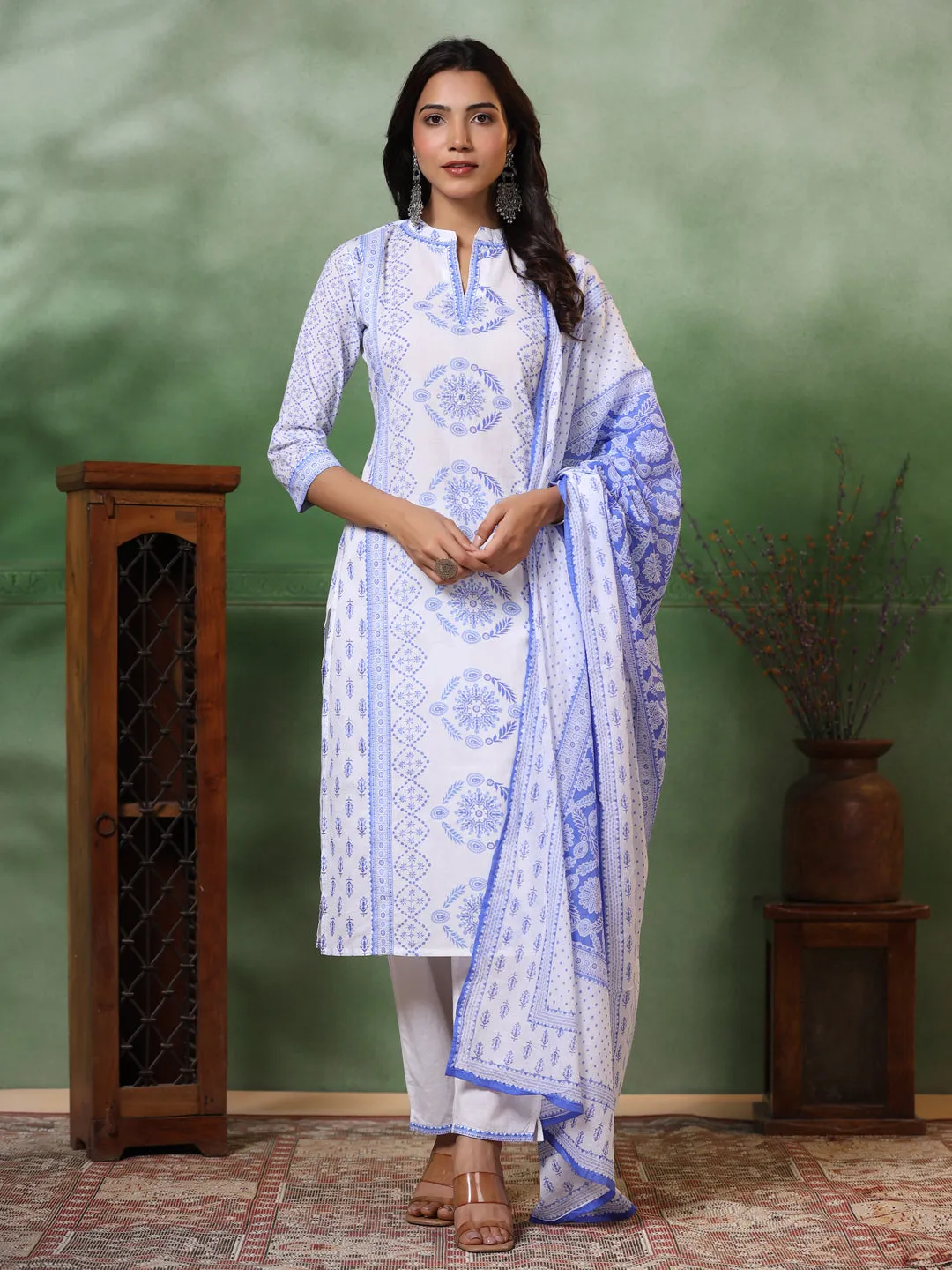 Ethnic Floral Printed Straight Kurta with Pant & Pure Cotton Dupatta - Off White