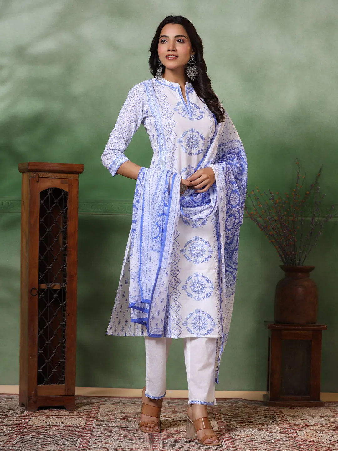 Ethnic Floral Printed Straight Kurta with Pant & Pure Cotton Dupatta - Off White