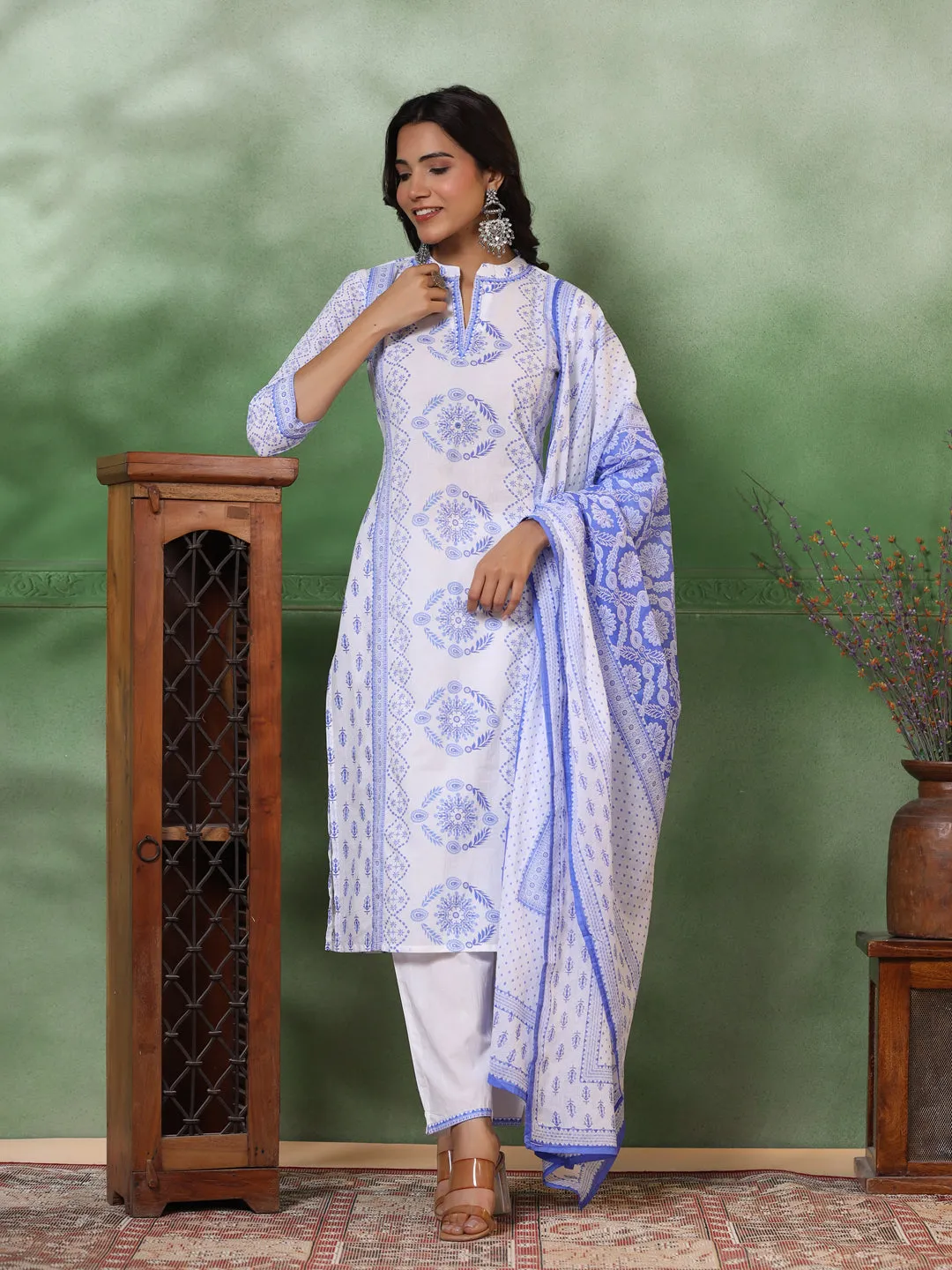 Ethnic Floral Printed Straight Kurta with Pant & Pure Cotton Dupatta - Off White