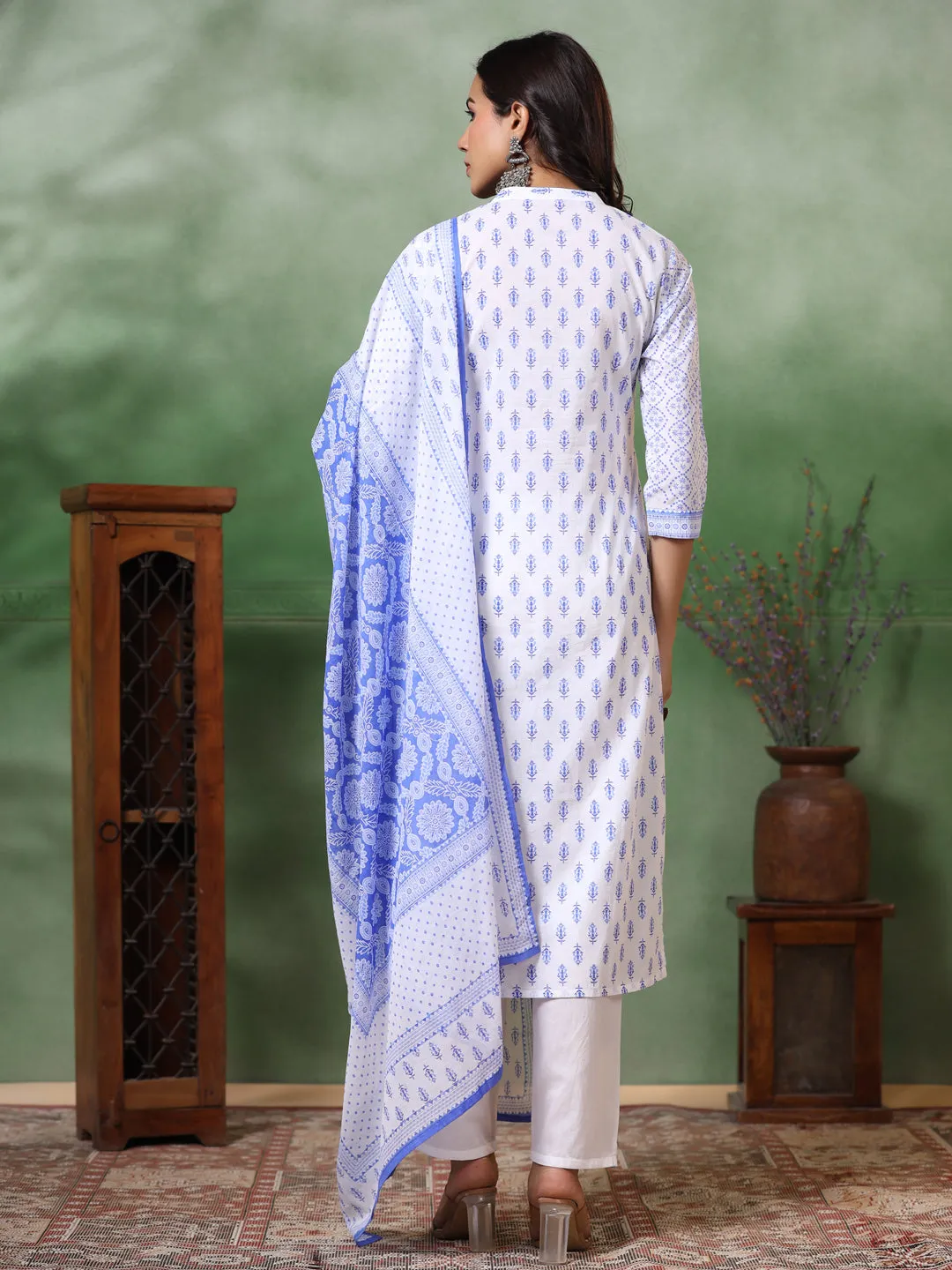 Ethnic Floral Printed Straight Kurta with Pant & Pure Cotton Dupatta - Off White