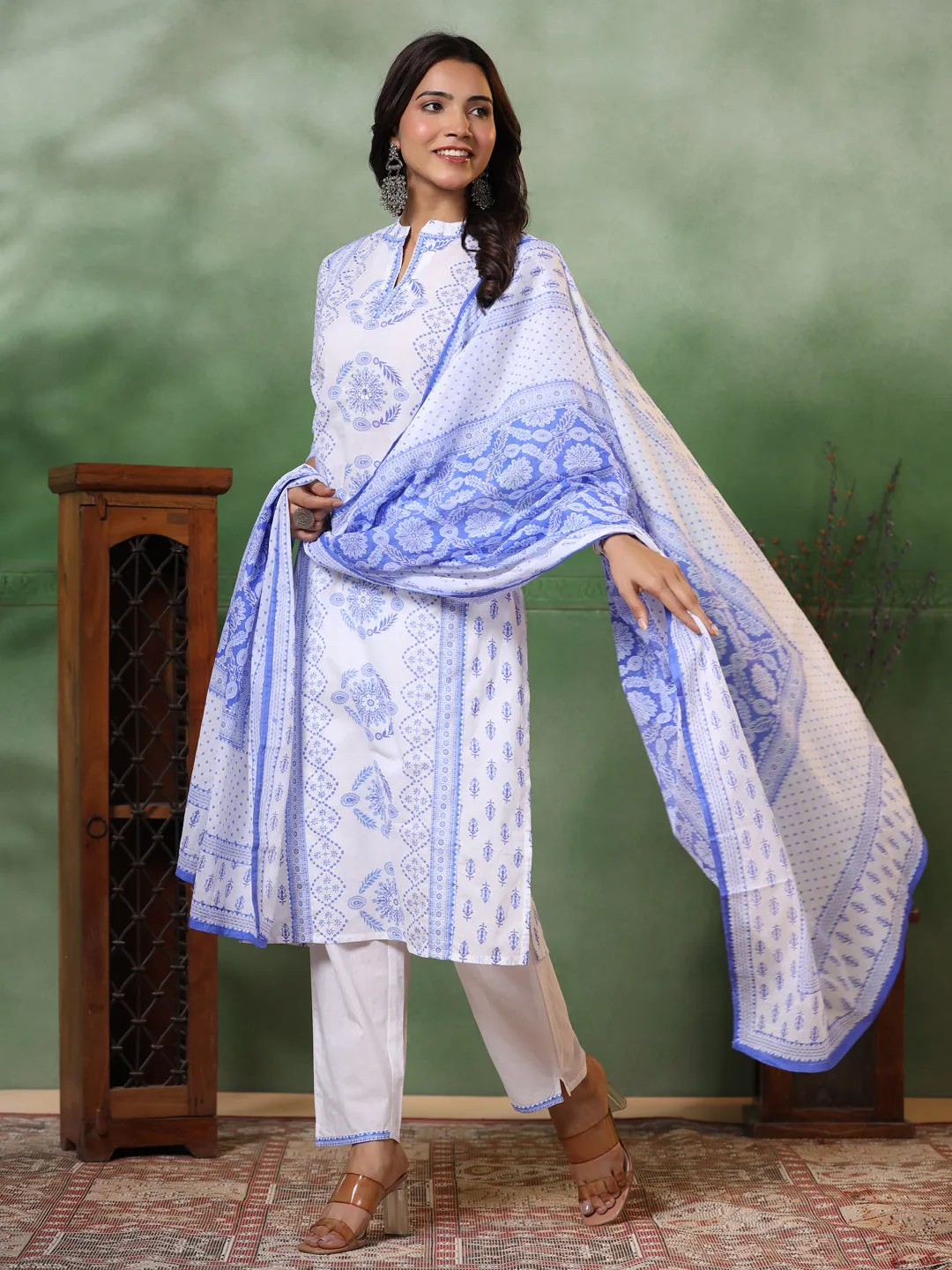 Ethnic Floral Printed Straight Kurta with Pant & Pure Cotton Dupatta - Off White