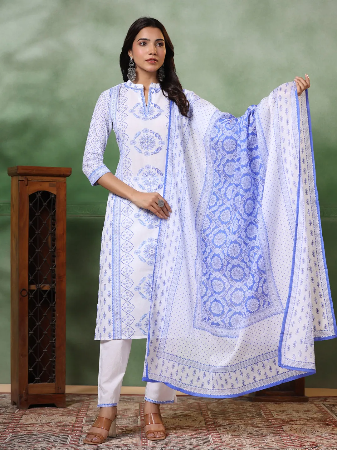 Ethnic Floral Printed Straight Kurta with Pant & Pure Cotton Dupatta - Off White