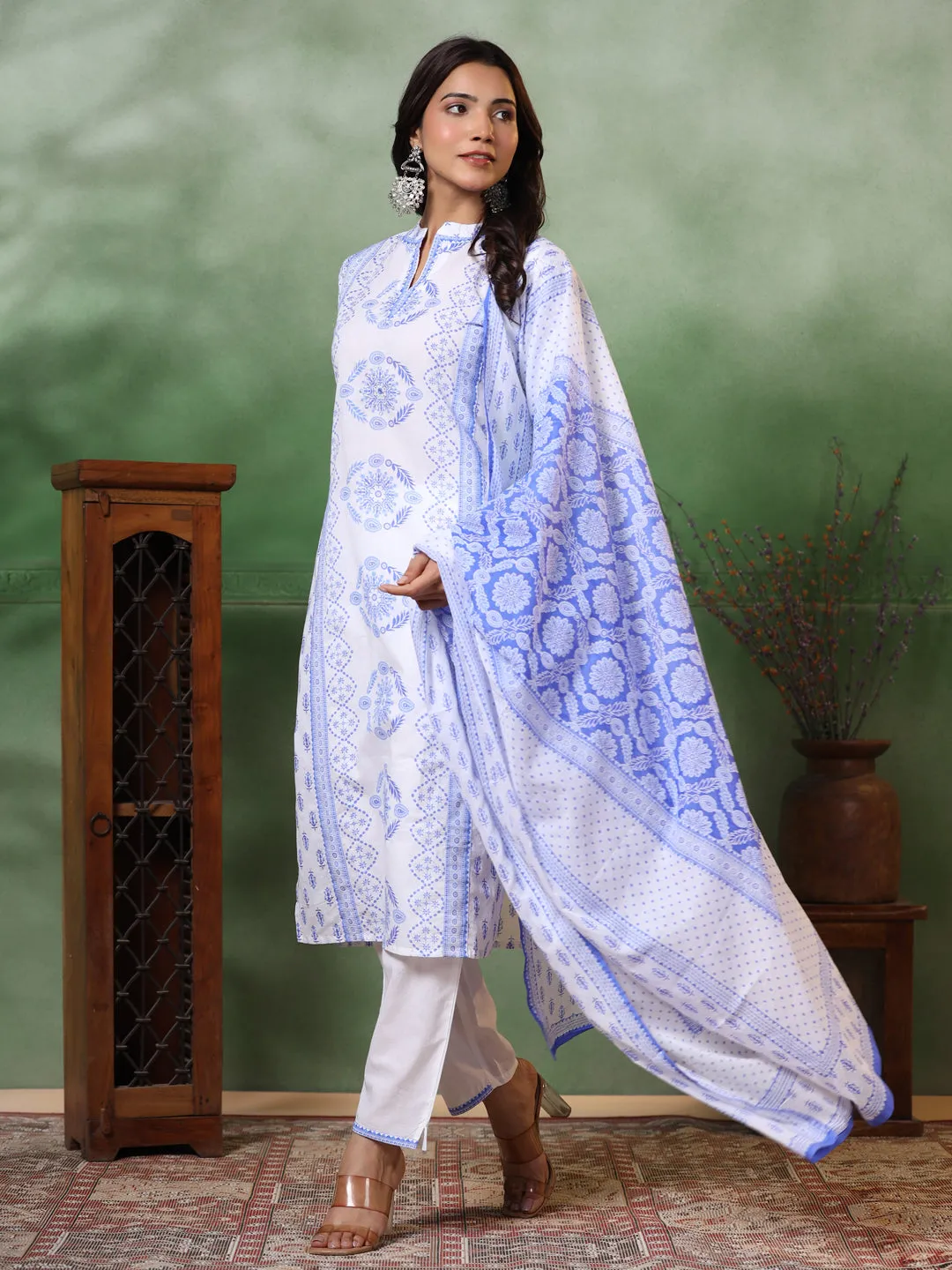 Ethnic Floral Printed Straight Kurta with Pant & Pure Cotton Dupatta - Off White