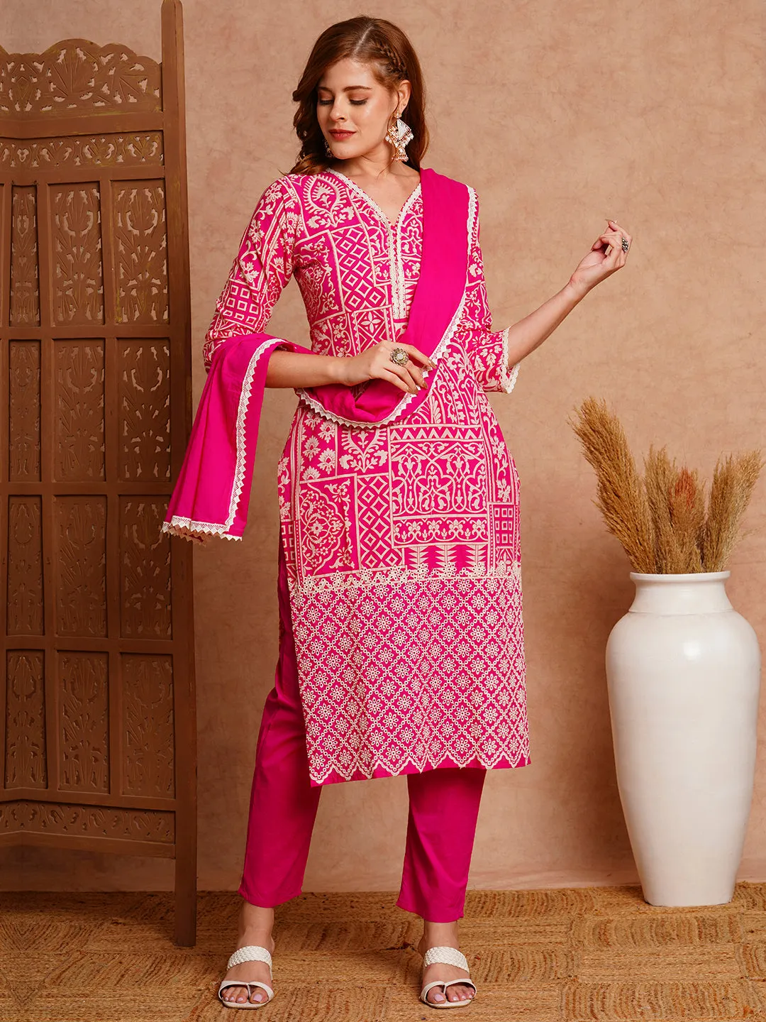 Ethnic Floral Printed Straight Kurta with Pant & Pure Cotton Dupatta - Pink