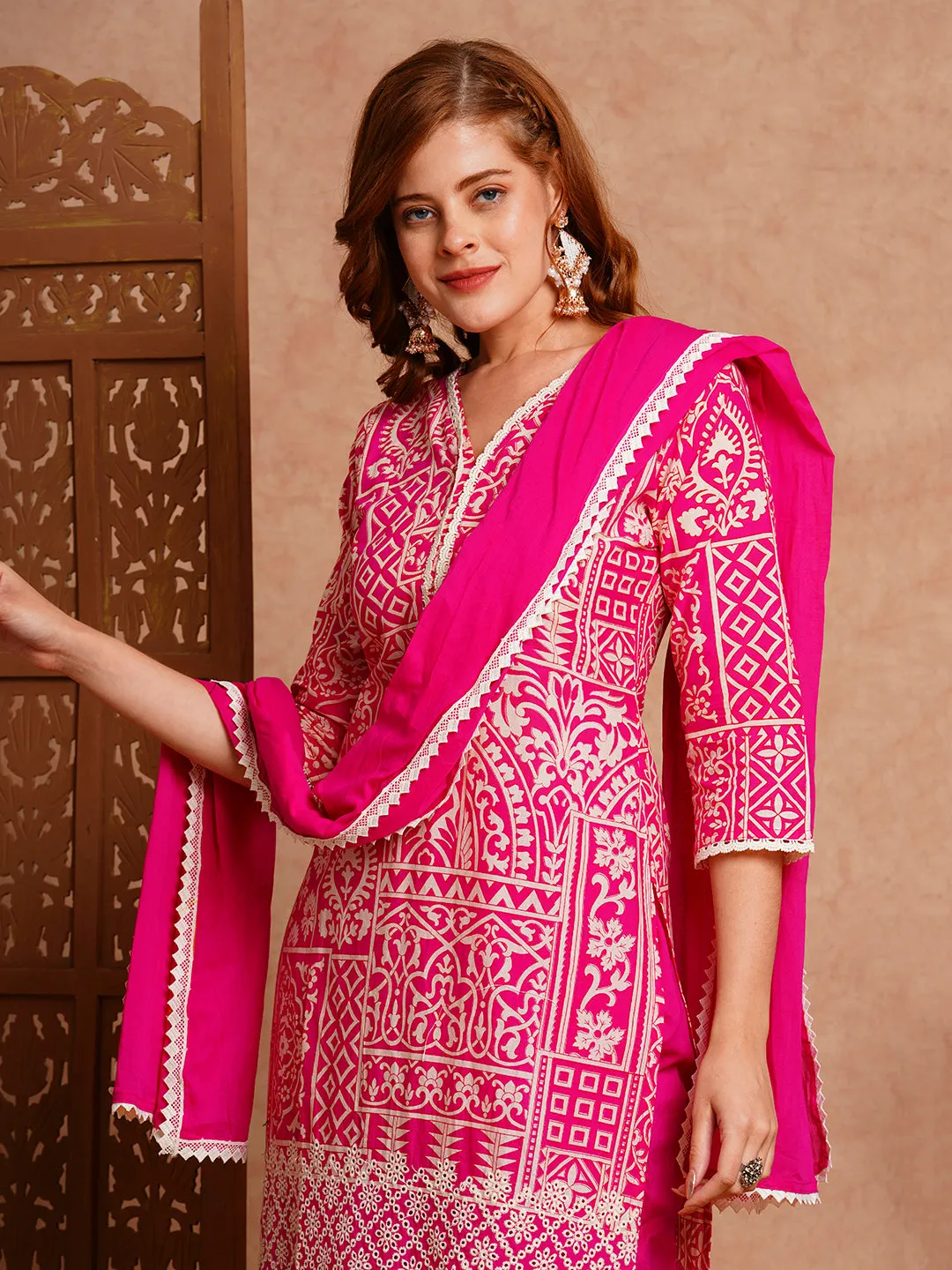 Ethnic Floral Printed Straight Kurta with Pant & Pure Cotton Dupatta - Pink