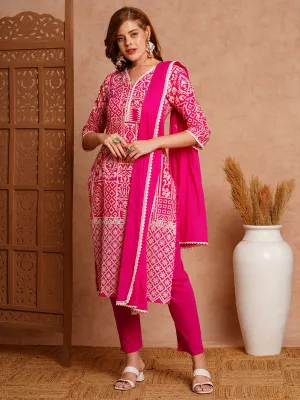 Ethnic Floral Printed Straight Kurta with Pant & Pure Cotton Dupatta - Pink