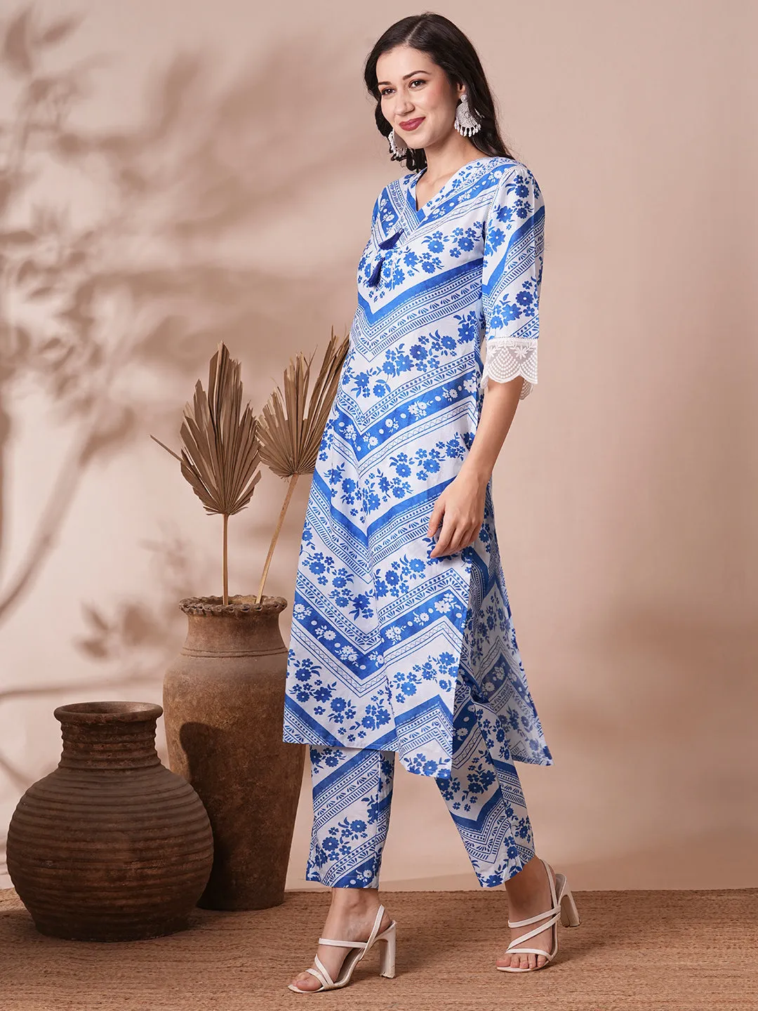 Ethnic Floral Stripes Printed Straight Fit Co-ord Set - Blue