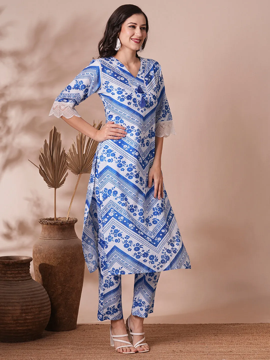 Ethnic Floral Stripes Printed Straight Fit Co-ord Set - Blue