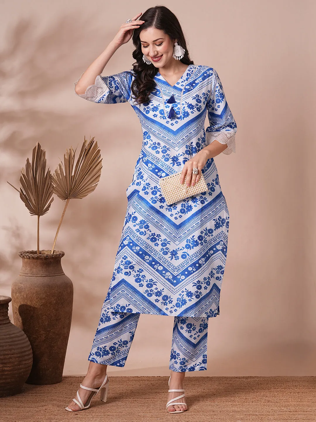 Ethnic Floral Stripes Printed Straight Fit Co-ord Set - Blue