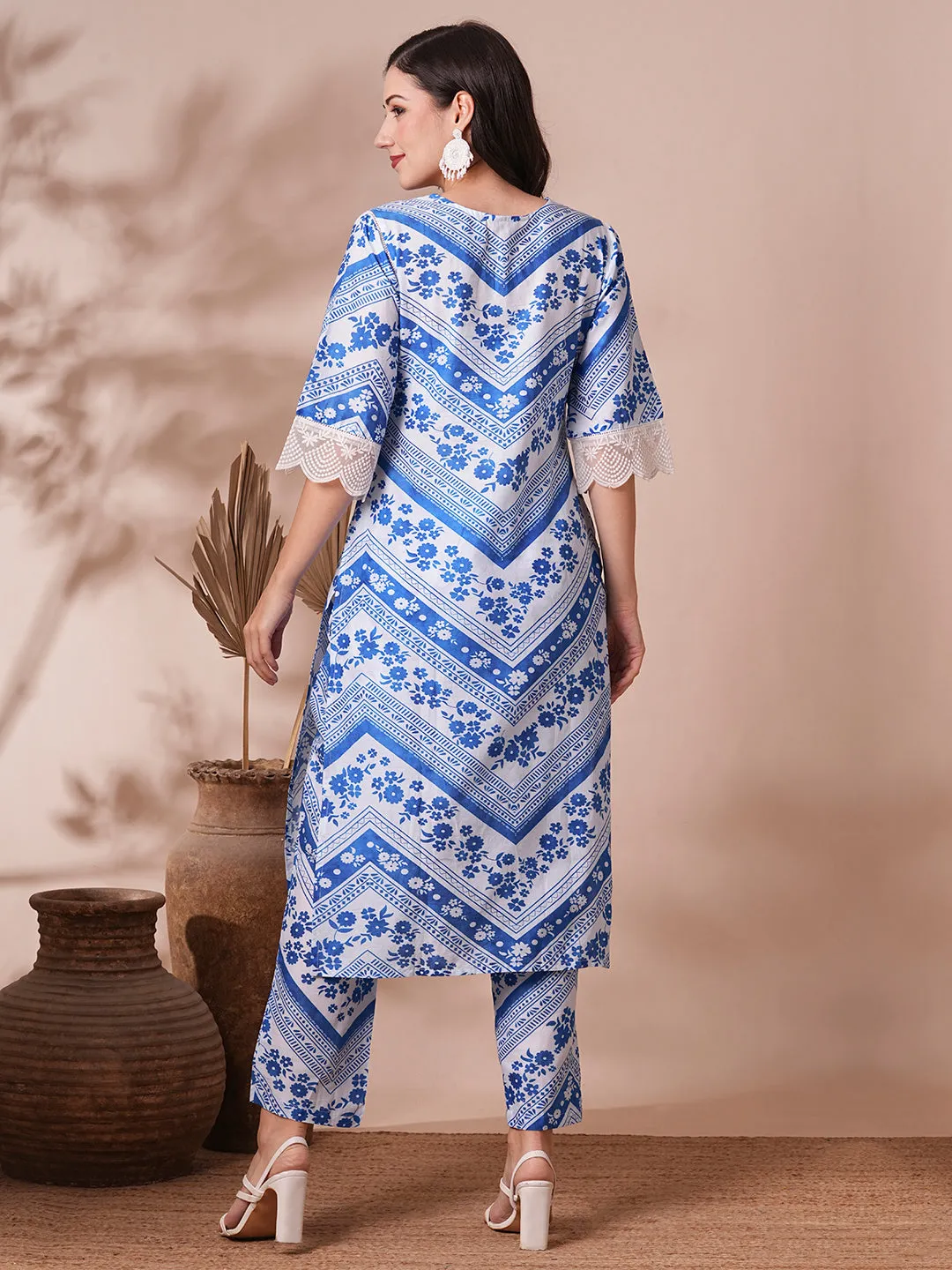 Ethnic Floral Stripes Printed Straight Fit Co-ord Set - Blue