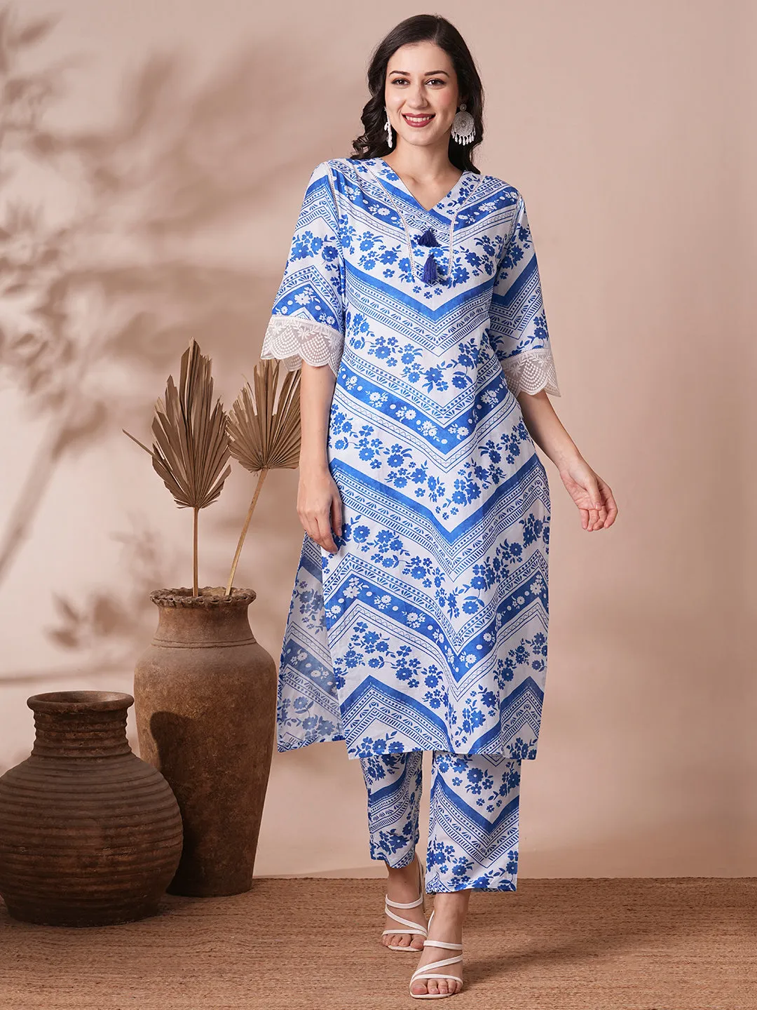 Ethnic Floral Stripes Printed Straight Fit Co-ord Set - Blue