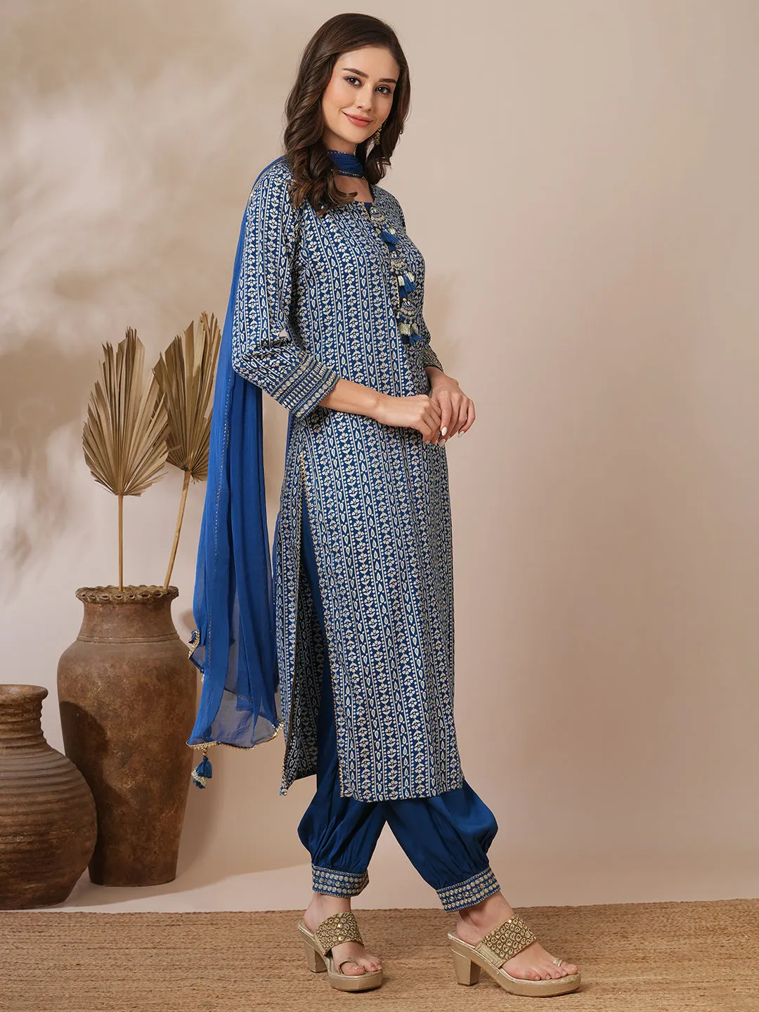 Ethnic Floral Stripes Printed Straight Fit Kurta with Pant and Dupatta - Teal Blue