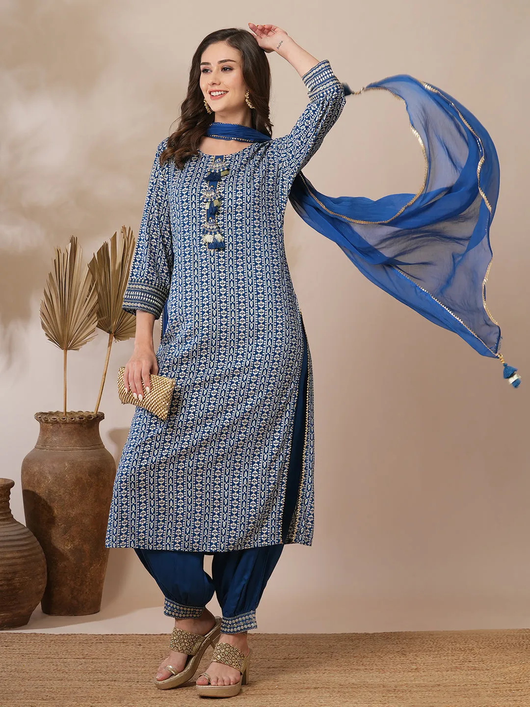 Ethnic Floral Stripes Printed Straight Fit Kurta with Pant and Dupatta - Teal Blue