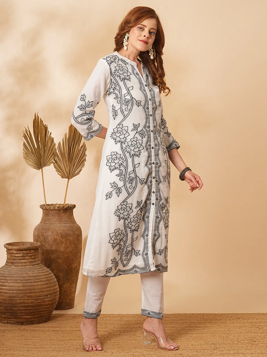 Ethnic Floral Woven Straight Fit Kurta with Pant - White