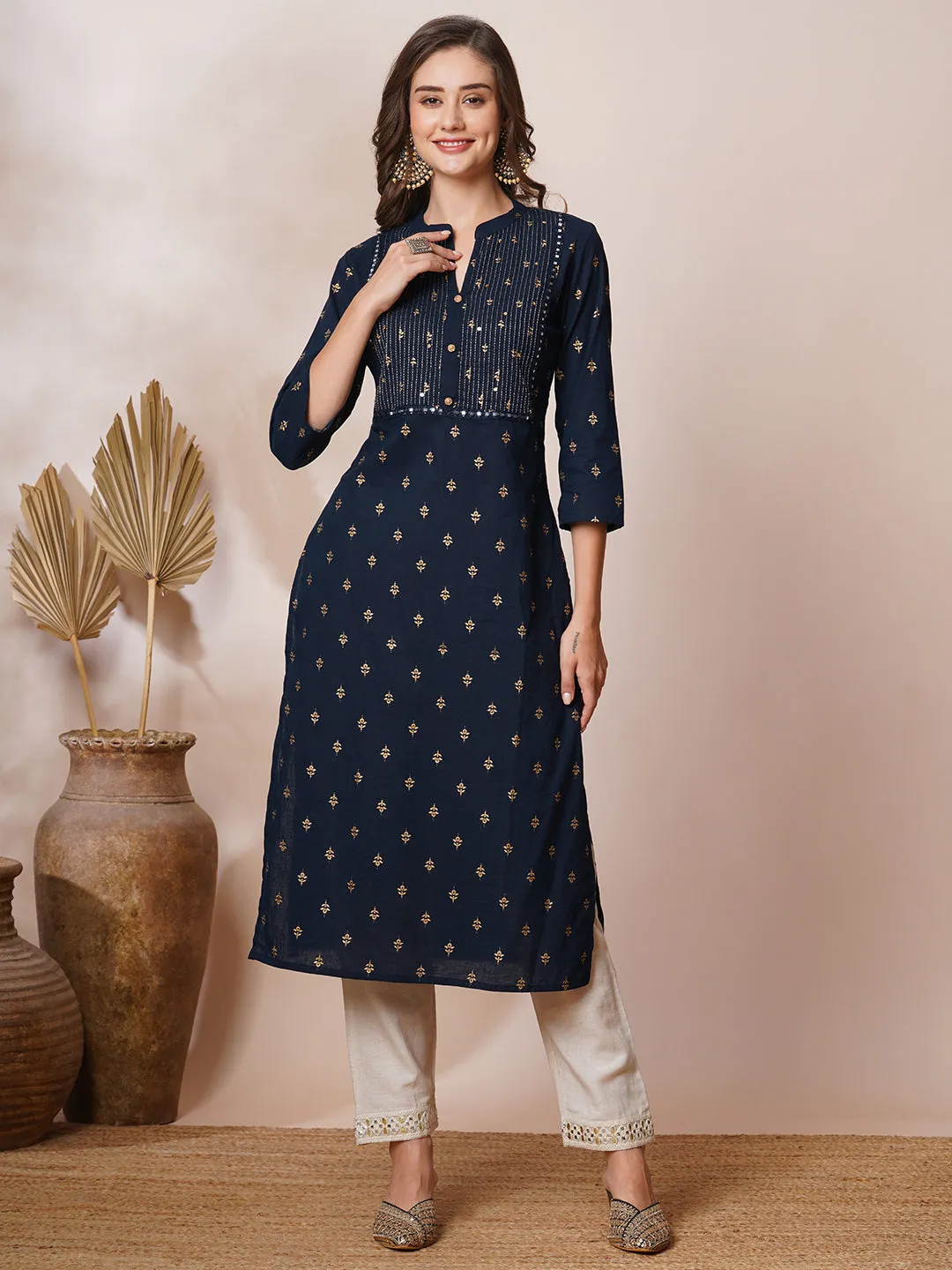 Ethnic Foil Printed & Embroidered Straight Fit Kurta - Navy Blue