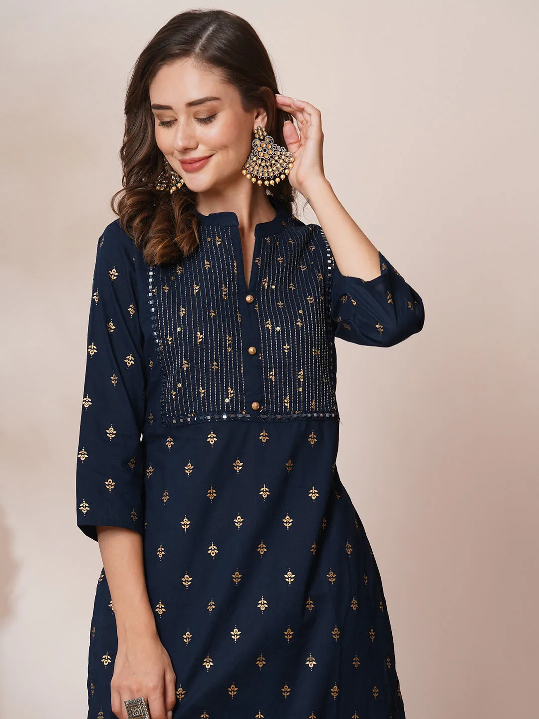 Ethnic Foil Printed & Embroidered Straight Fit Kurta - Navy Blue