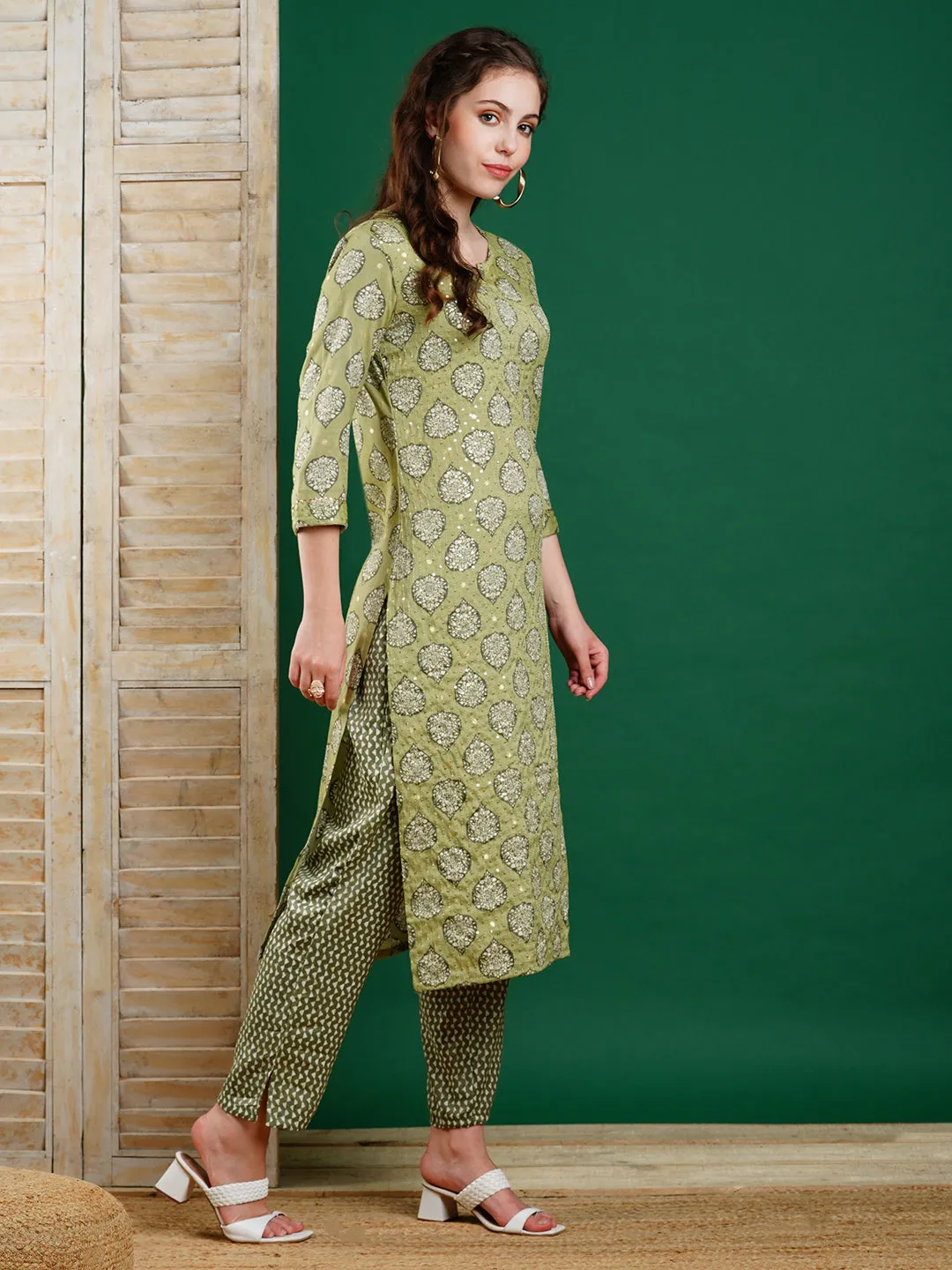 Ethnic Foil Printed & Sequin Embroidered Straight Kurta with Pant - Green