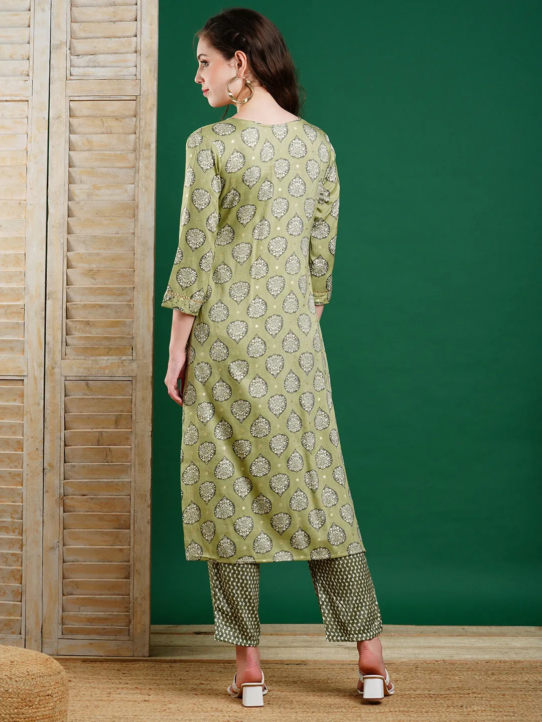 Ethnic Foil Printed & Sequin Embroidered Straight Kurta with Pant - Green