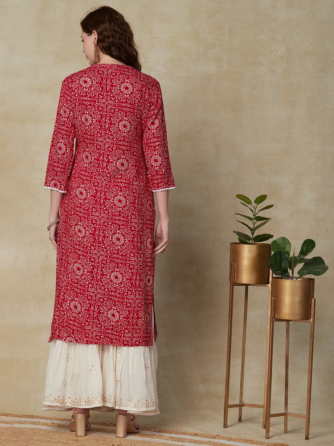 Ethnic Foil Printed Lace Embellished Kurta - Red