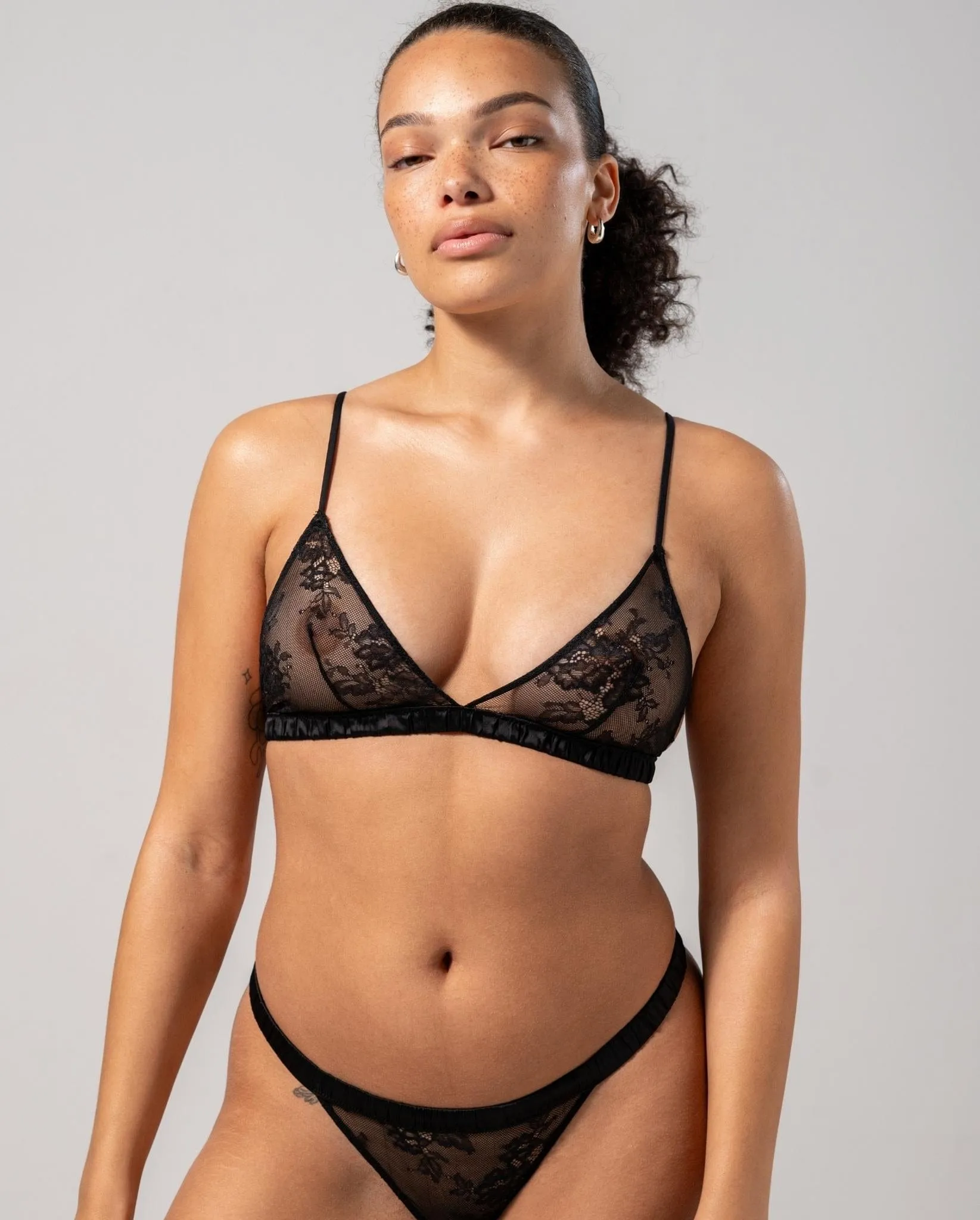 Floral Lace Satin Triangle Bralette Black