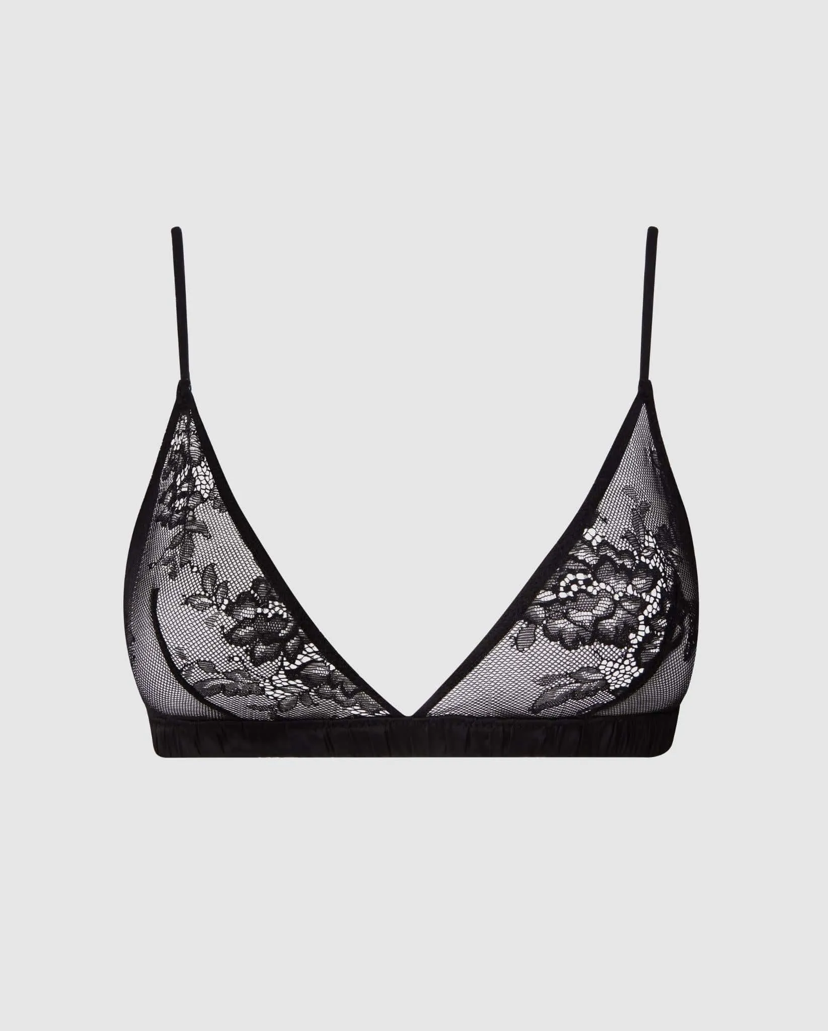 Floral Lace Satin Triangle Bralette Black