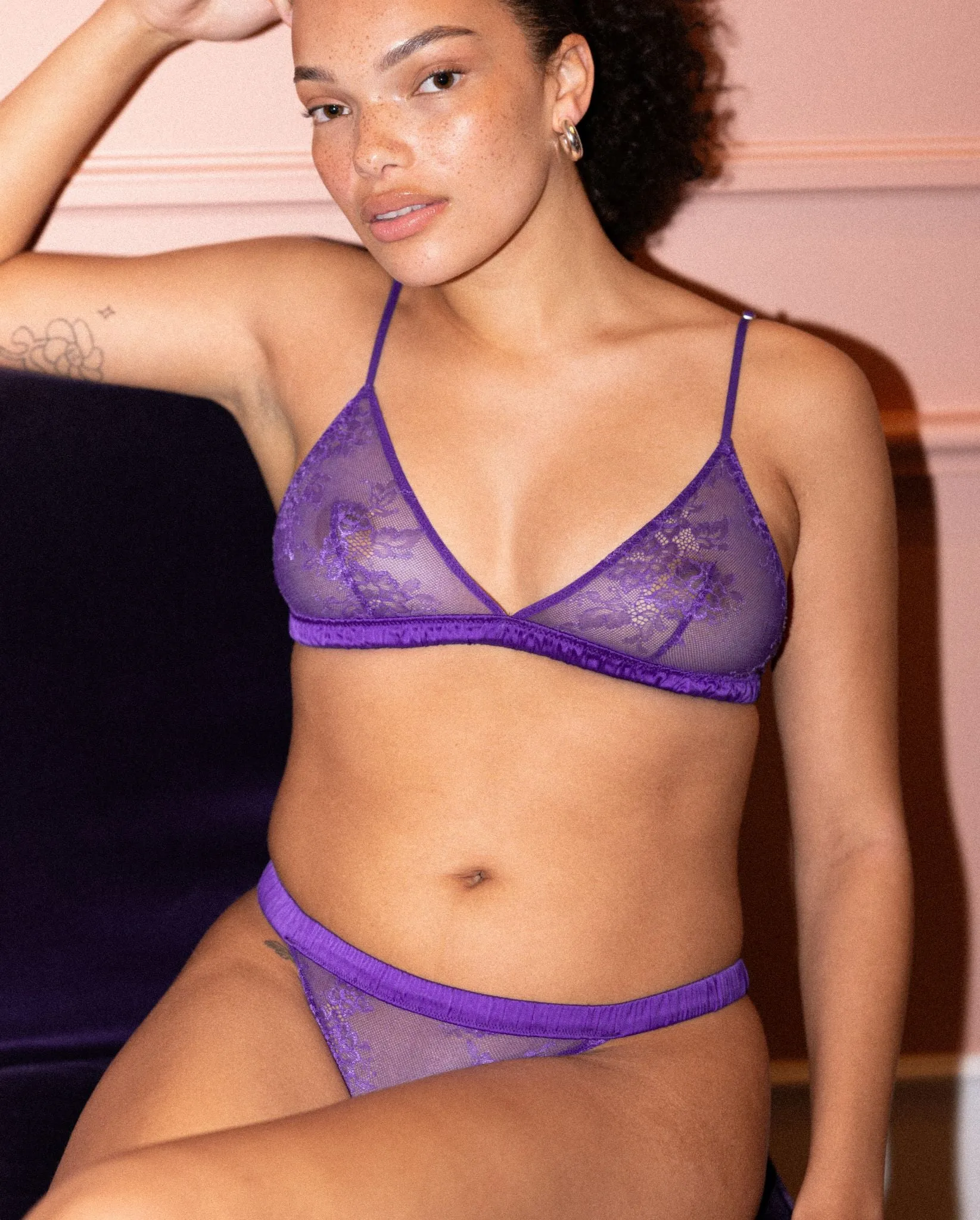 Floral Lace Satin Triangle Bralette Lilac