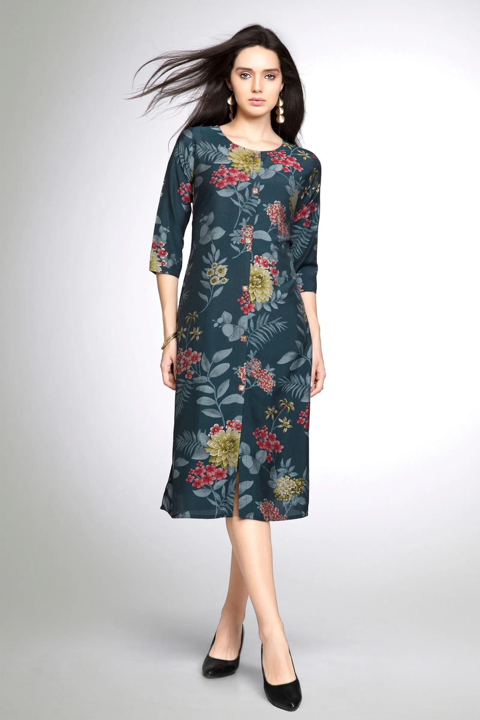 Grey Floral Print Calf Length Kurti