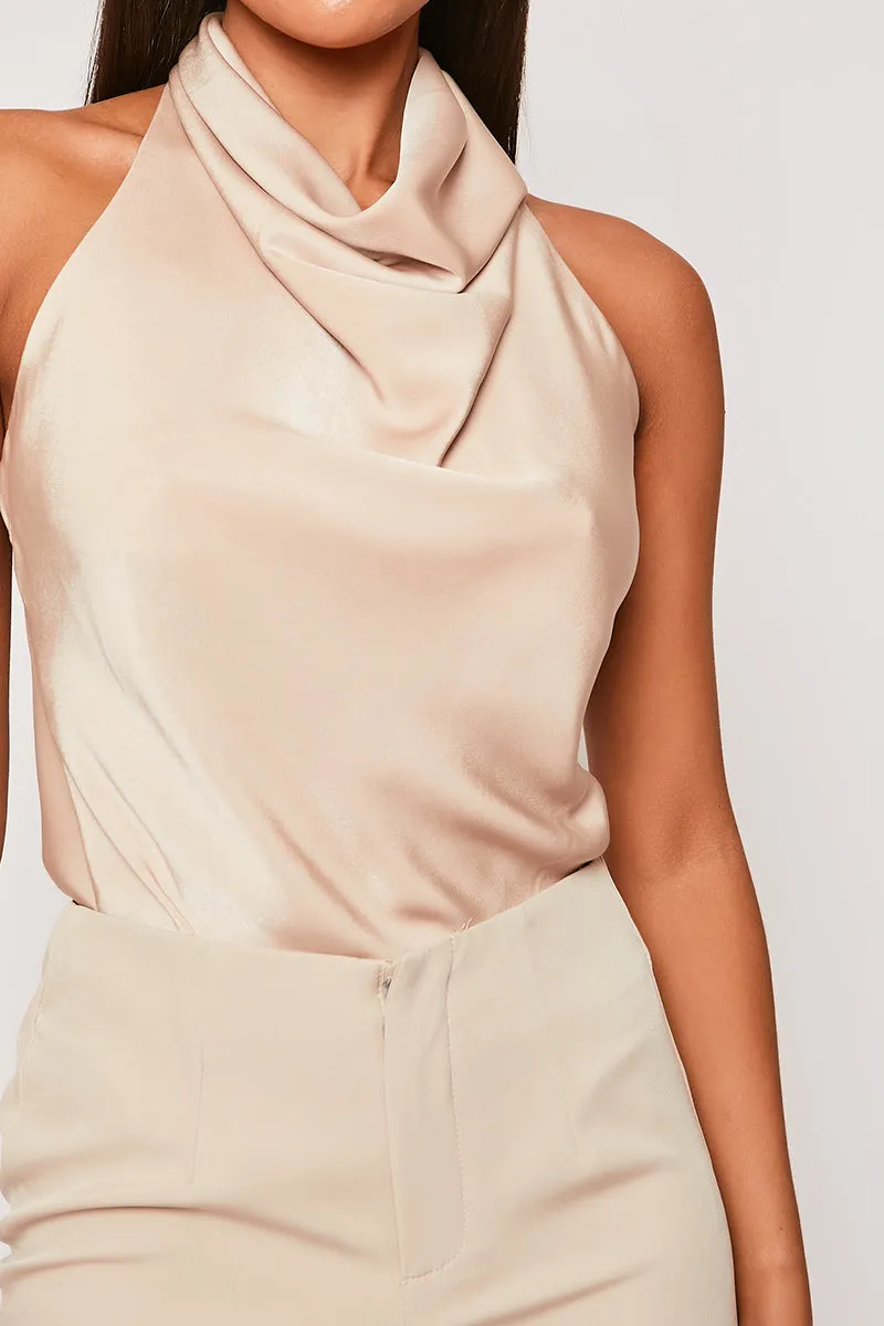 Imogen - Champagne Satin Cowl Neck Backless Halter Top