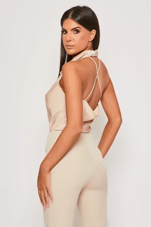 Imogen - Champagne Satin Cowl Neck Backless Halter Top