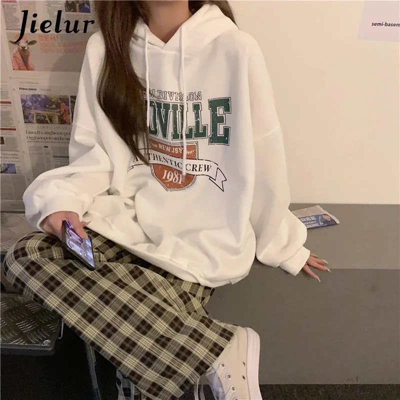 Korean Fashion Hoodies for Women Hooded Warm Fleece Gray White Sweatshirt Female Winter Loose Leisure M-XL Size Print Top