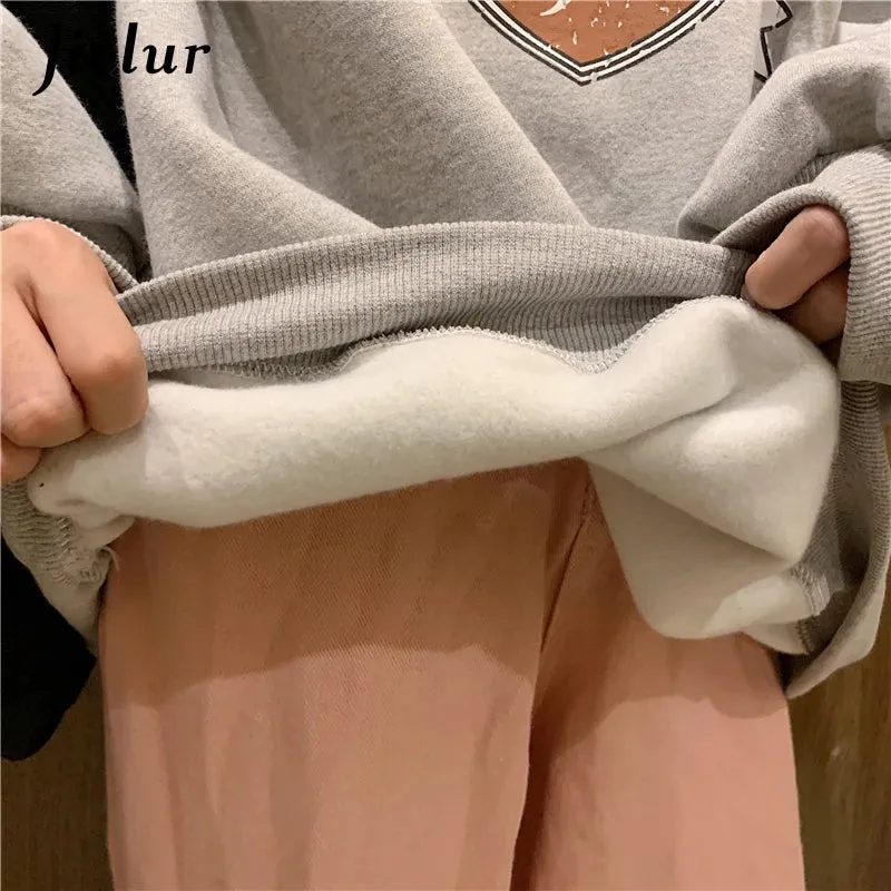 Korean Fashion Hoodies for Women Hooded Warm Fleece Gray White Sweatshirt Female Winter Loose Leisure M-XL Size Print Top