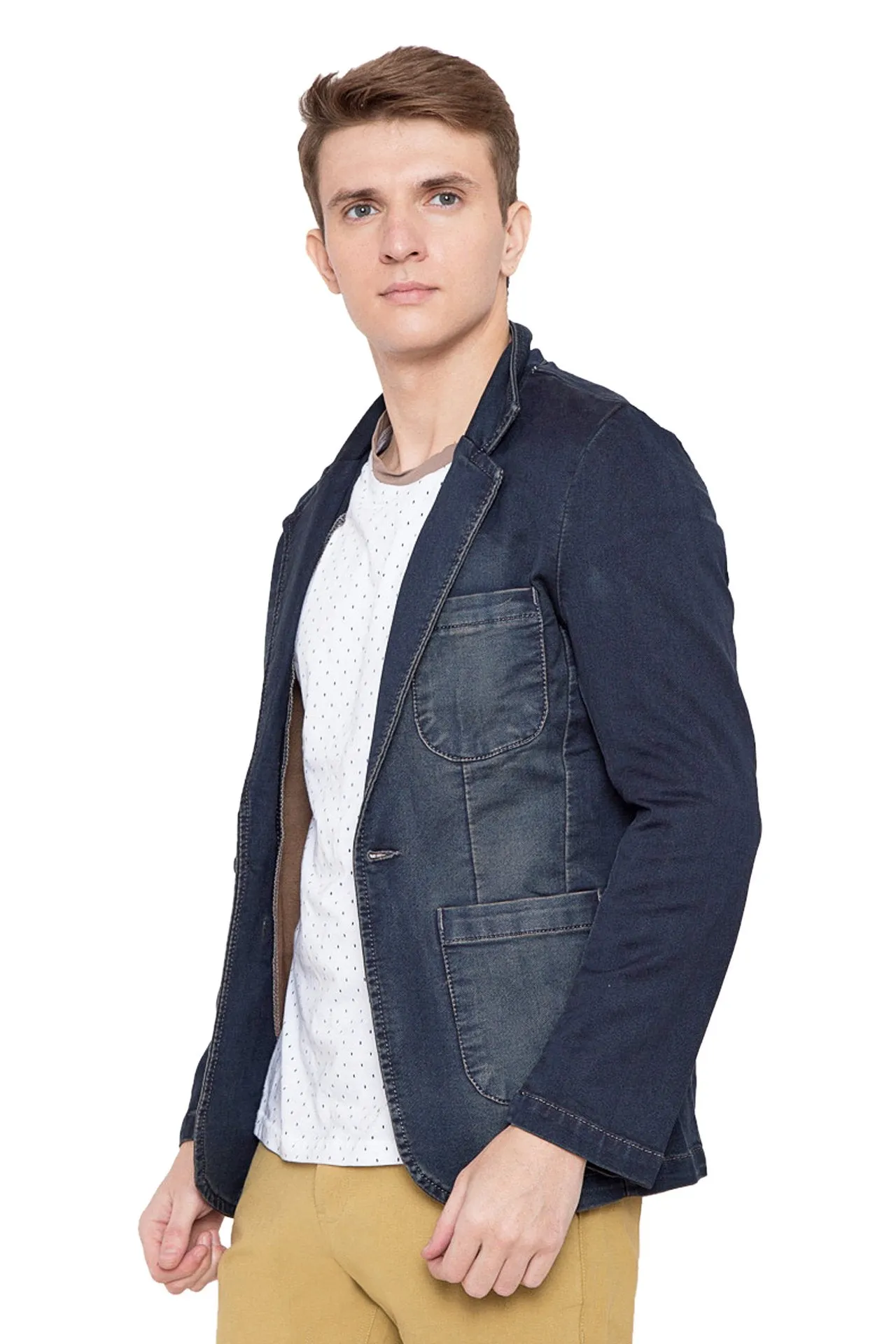 Krossstitch Full Sleeve Men's Denim Blazer with Brass Button