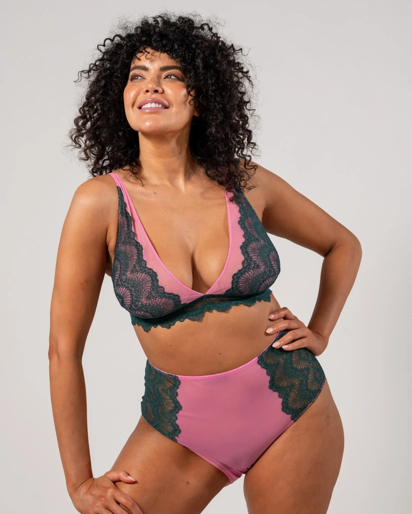 Lace Mesh Plunge Bralette Pine/Candy Pink