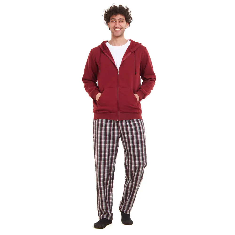 Men Winter Pajama 3 PCS Set Dark Red Sweatshirt  Off-white t-shirt   Dark Red x Black Checkered Pants