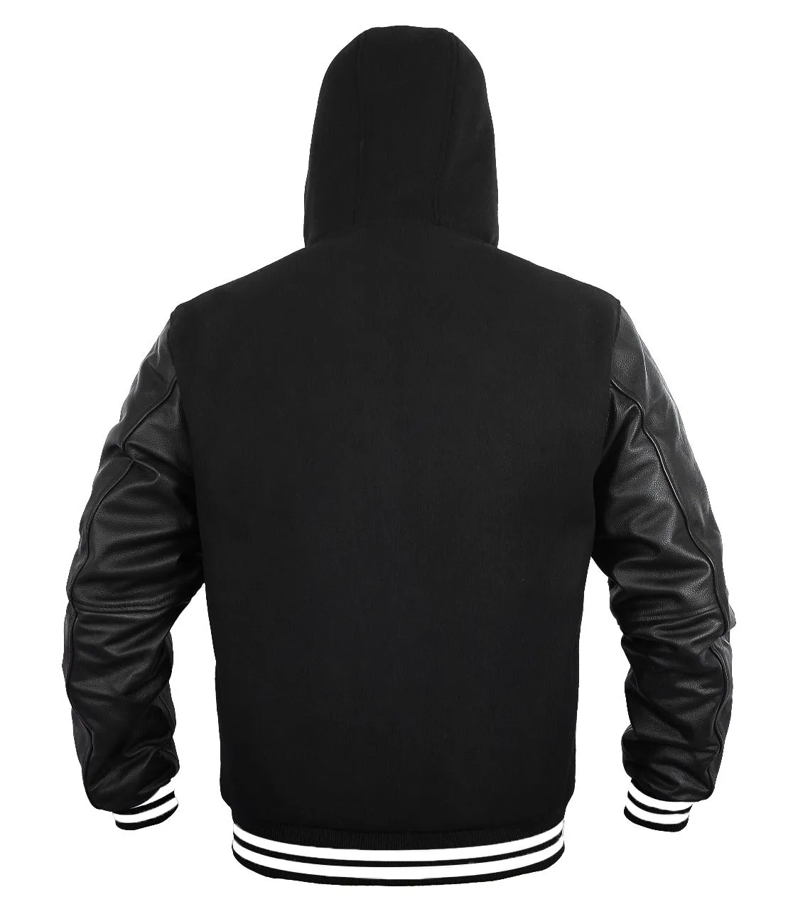 Mens Hoodie Wool Leather Black Body with Black Genuine Leather Arm Sleeves Letterman College Jacket/Hoodie