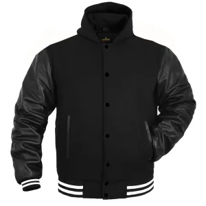 Mens Hoodie Wool Leather Black Body with Black Genuine Leather Arm Sleeves Letterman College Jacket/Hoodie