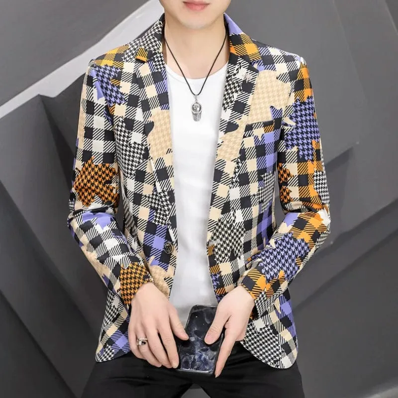 Men's Plaid Patchwork Blazer Suit Jacket High Quality Smart Casual Streetwear