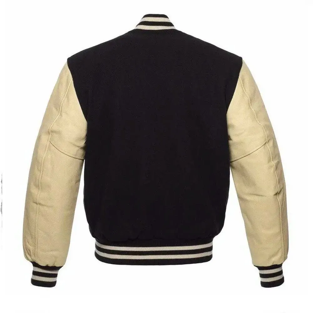 Men's Varsity Jacket Genuine Leather Sleeve and Wool Blend Letterman Boys College Varsity Jackets Black/Cream