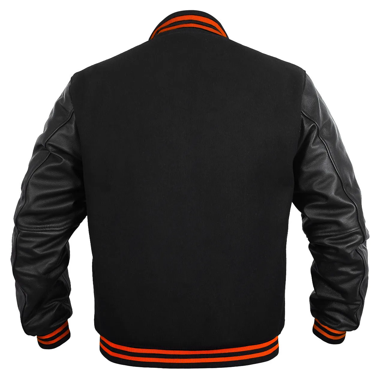 Men’s Varsity Jacket Genuine Leather Sleeve and Wool Body All Black(Orange Line)