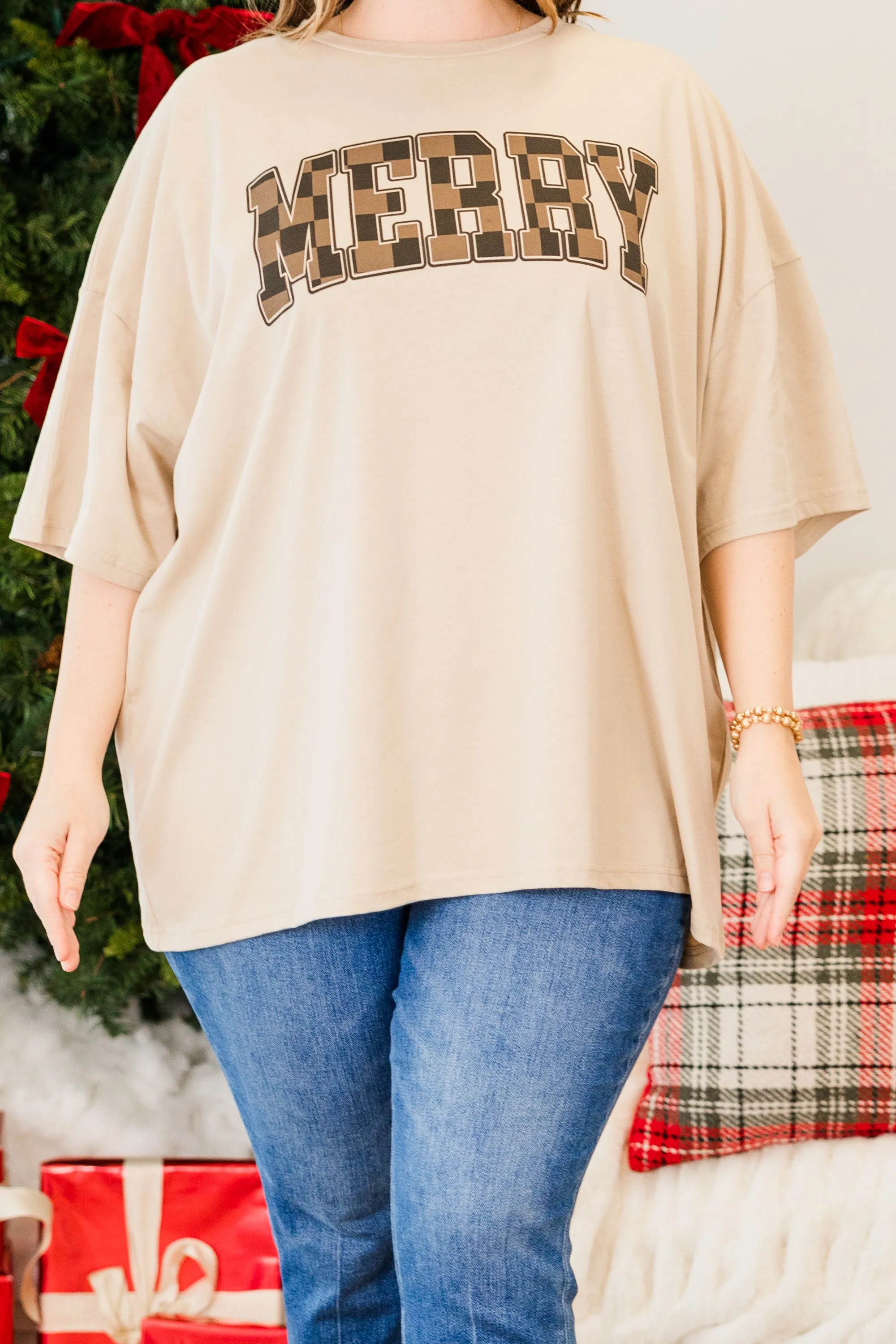 Merry & Bright Boyfriend Tee, Light Mocha