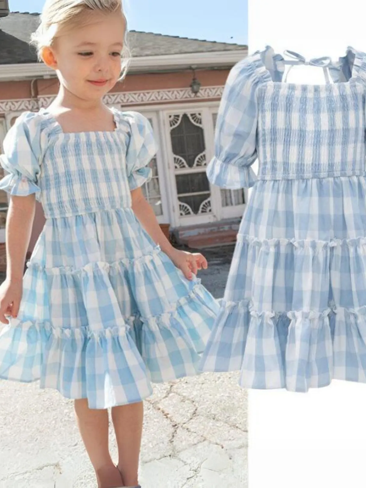 Mommy and Me Blue Gingham Smocked Dress