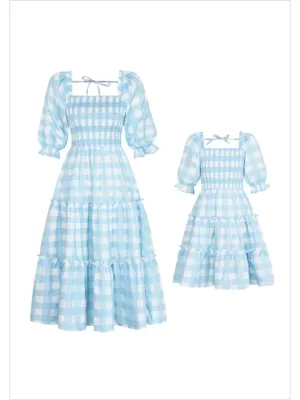 Mommy and Me Blue Gingham Smocked Dress