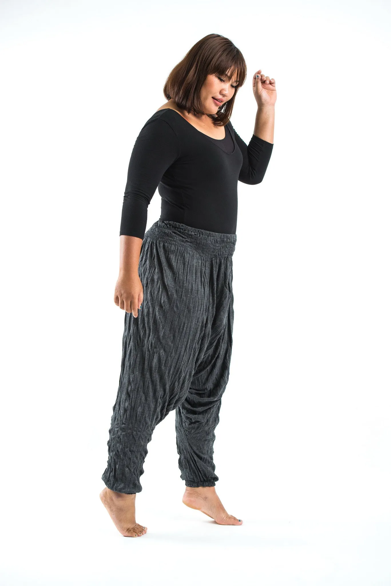 Plus Size Unisex Crinkled Cotton Harem Pants in Black