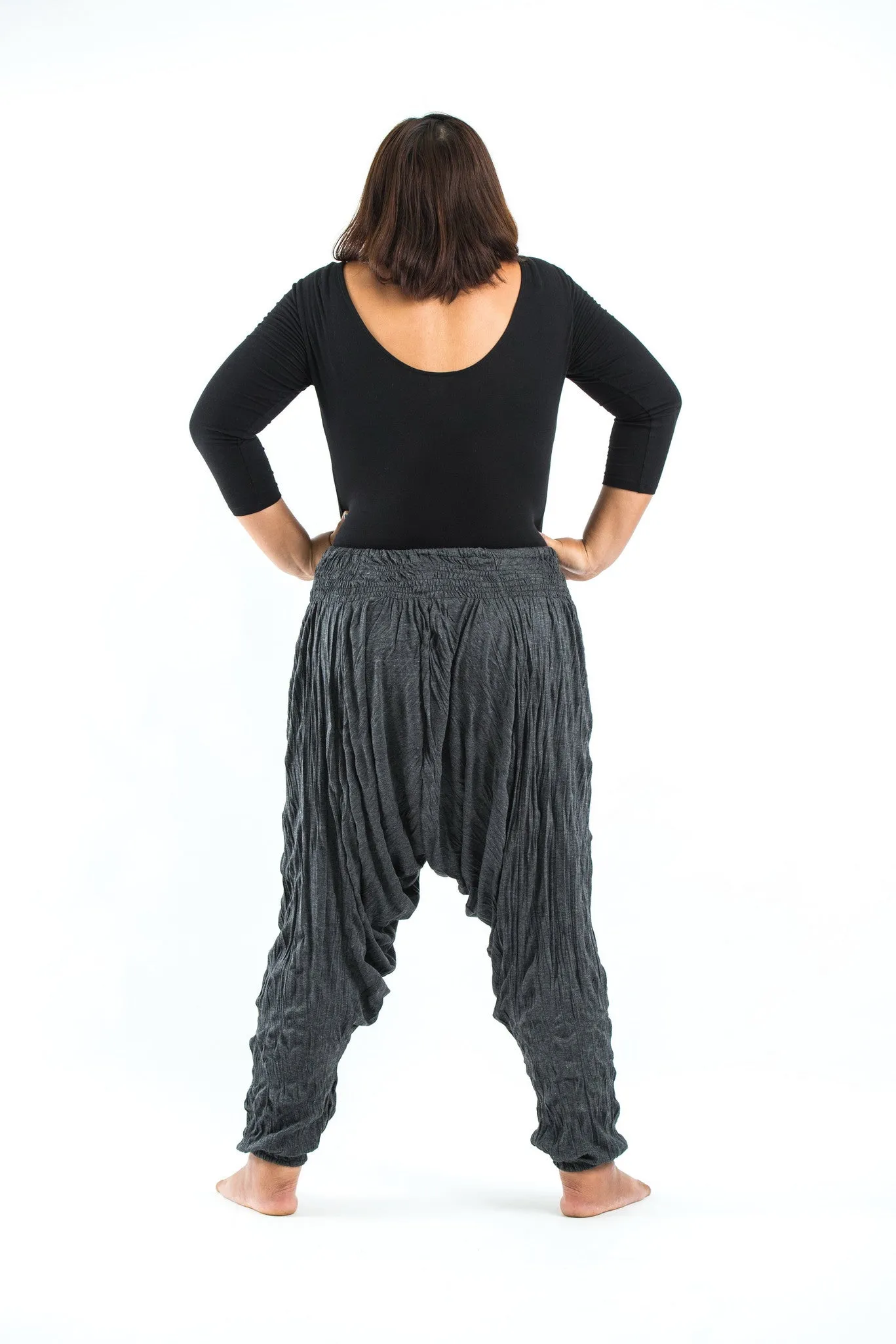 Plus Size Unisex Crinkled Cotton Harem Pants in Black